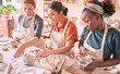 © A.S./peopleimages.com - Pottery class, ceramic workshop or group design sculpture mold, clay manufacturing or art product. Diversity people, retail sales store or startup small business owner, artist or studio women molding