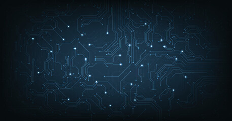 Canvas Print - Futuristic circuit board computer technology background. Drawing a modern electronic circuit on dark blue background. Hi-tech digital technology concept.