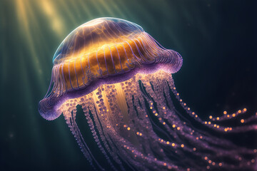Beautiful jellyfish are swimming in the ocean. Generative AI. Nice macro photo of jellyfish.