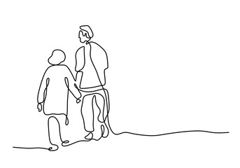 Wall Mural - Hand drawing one line of mature couple walking together isolated on white background.