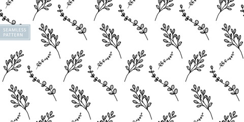 Wall Mural - Stylish vector seamless black and white pattern with flowers, branches and leaves, eucalyptus for wallpapers, backgrounds, covers, testicles, wrapping paper

