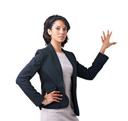 Portrait of a serious young businesswoman posing with one hand on the hip and another with her open palms on the wall Isolated on a PNG background. 