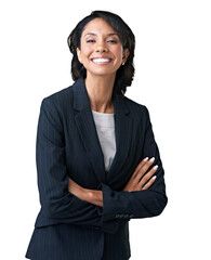 A portrait of a young entrepreneur laughing and posing with her hands crossed in formal wear Isolated on a PNG background. 