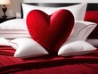 A heart-shaped pillow, the soft red velvet contrasting against the crisp white sheets. A Valentine’s Day and Wedding Anniversary special romantic love bedroom background. Generative AI.