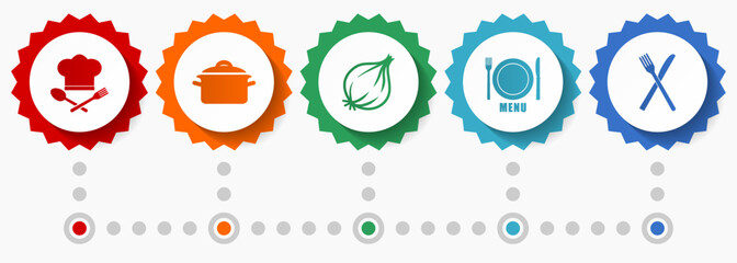 Fototapete - Food vector icons, kitchen and cooking flat design web badges collection, business infographic template