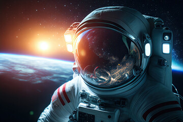 Wall Mural - astronaut in space suit flying in outer space with planet on background, close up. deep space explor