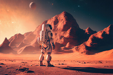 Wall Mural - alone astronaut in space suit on surface of red planet. space exploration, colonization of new plane