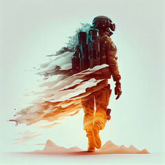 Sticker - Double exposure silhouette of modern soldiers in a scene from a game or movie concept made with generative AI