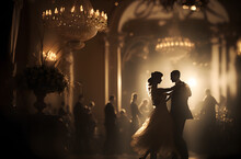 A Couple Dancing In A Romantic Ballroom, With A Chandeliers In The Background - Generative AI