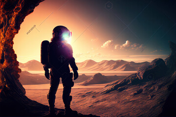 Wall Mural - alone astronaut in space suit on surface of red planet. space exploration, colonization of new plane