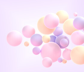 Wall Mural - Abstract geometric background with frosted spheres in pastel colors 3d render. Flying pink purple yellow matte balls or bubbles in motion. Wallpaper, cover or banner graphic design