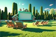 Open air cinema on green lawn in city park Colorful cartoon modern illustration, good for your design. AI