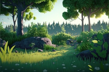 Poster - Summer forest panorama with trees Colorful cartoon modern illustration, good for your design. AI