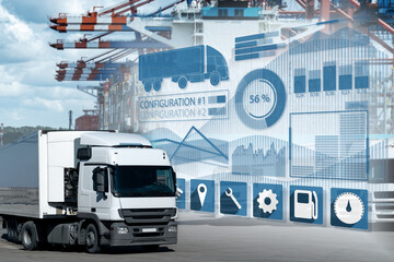 Poster - Fleet management infographics against the background of a trucks and ship loaded with containers in the seaport	