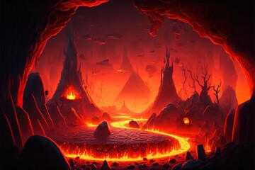 Battle arena in hell with lava. Colorful cartoon modern illustration, good for your design. AI