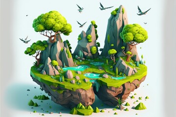 Canvas Print - Green rocky flying island Colorful cartoon modern illustration, good for your design. AI