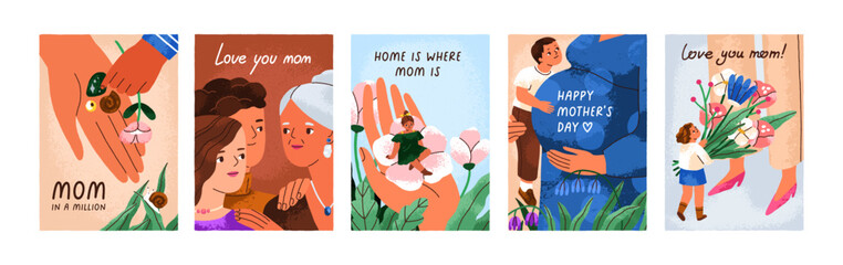 happy mother day greeting cards set. mom holiday postcards designs, backgrounds with spring flower b
