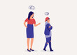 © simplehappyart - Mother Angry At Her Teenage Son With Bad Attitude. Rebellious Teenage Boy With Arms Crossed Walking Away And Feeling Annoyed. Full Length. Flat Design Style, Character, Cartoon.