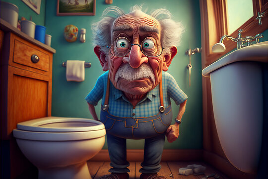 Caricature Style Old Man and The Bathroom - Generative AI illustrations