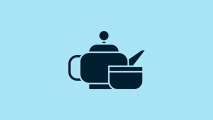 Poster - Blue Traditional Japanese tea ceremony icon isolated on blue background. Teapot with cup. 4K Video motion graphic animation