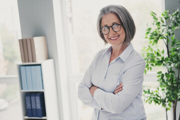 Sticker - Profile photo of cheerful positive attorney lady beaming smile folded arms spacious modern office building