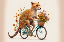 Cute Cartoon Animal Character Image Of A Cheetah Riding A Bicycle With Flowers In A Basket, Isolated On A White Backdrop