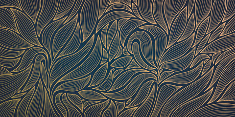 Vector golden leaves botanical modern, art deco wallpaper background pattern. Line design for interior design, textile, texture, poster, package, wrappers, gifts. Luxury. Japanese style.