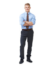 Full Length Shot Of A Young Businessman Wearing A Tie And Formal Shirt Posing With His Hands Folded Isolated On A PNG Background.