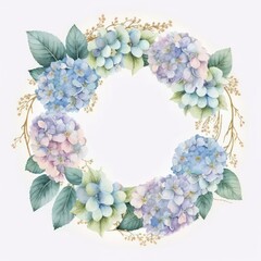 Hydrangea circle wreath in watercolor style illustration isolated on white background. beautiful flowers wreath. Blue and purple hydrangea. Generative AI.