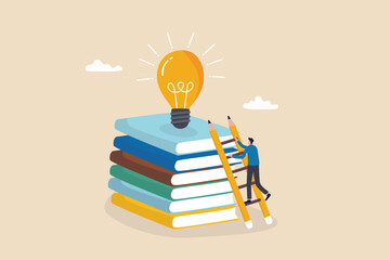 Creativity, knowledge to achieve success, imagination or education to develop skills, inspiration or finding solution concept, young adult man climb up ladder on book stack to find creative lightbulb.