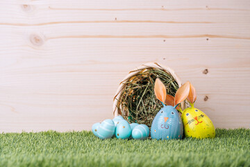 Wall Mural - happy easter background with eggs and bunny