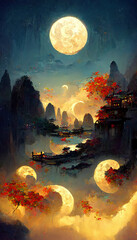 Wall Mural - mid autumn festival style background abstract painting illustration art Generative AI Content by Midjourney