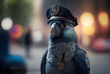 Wall Mural - character design illustration of a parrot wearing police officer uniform with urban cityscape background	Generative Ai