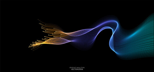Poster - Vector abstract light lines wavy flowing dynamic in blue purple orange colors isolated on black background for concept of energy, electric, technology, digital, 5G, science, music