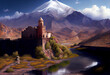 Armenia landscape with mountains and church. Generative AI Art. Beautiful view.