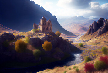 Wall Mural - Armenia landscape with mountains and church. Generative AI Art. Beautiful view.