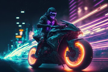 Speedway with riding Futuristic sport motorcycle in a night city,cyberpunk motorcycle background ,generative AI	