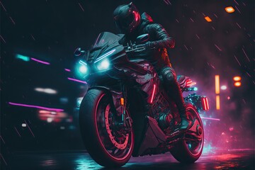 Speedway with riding Futuristic sport motorcycle in a night city,cyberpunk motorcycle background ,generative AI	