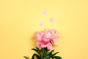 Wall Mural - Pink peony with hearts on a yellow background.