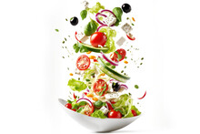 Greek Vegetables Salad In A Bowl Flying 