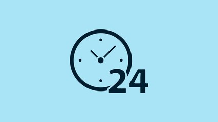 Poster - Blue Clock 24 hours icon isolated on blue background. All day cyclic icon. 24 hours service symbol. 4K Video motion graphic animation