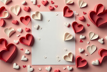 Valentine's Day Background With Red Heart On Pink Background, Flat Lay, Paper Cut, Card, Elegant