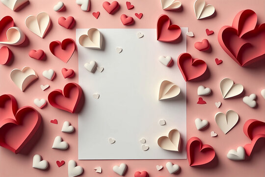 Valentine's day background with red heart on pink background, flat lay, Paper cut, card, elegant