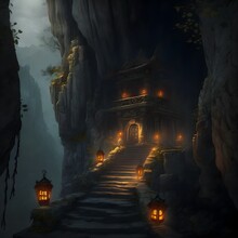 Shadow Cliff Face Temple Ancient Stone Architecture Abyss Below Wide Rope Bridge To Entrance Many Small Yellow Candlelights Haunting Photorealistic 