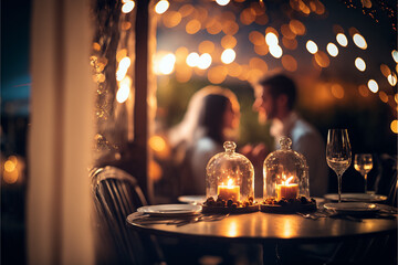 A couple enjoys a great dinner in a romantic luxury restaurant decorated in Saint Valentine's Day with candles and lights. Generative ai.