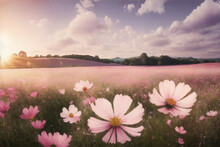  A Field Of Flowers On A Sunny Day, Gentle Dawn Pink Light