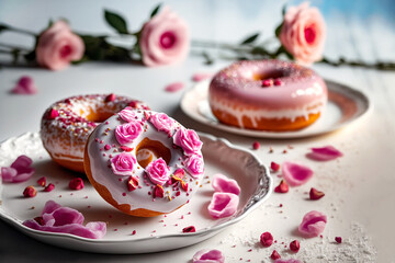 Donuts with pink frosting and rose petals for Valentine's Day, Mothers Day or Birthday. Generative AI illustration