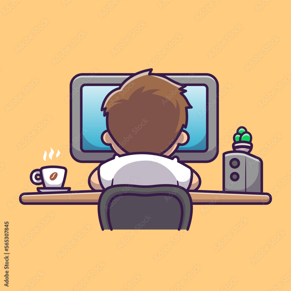 Cute Man Working On Computer With Coffee Cartoon Vector Icon ...