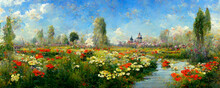Red, Field Of Poppies And Sky, Flowers Paintings Monet Painting Claude Impressionism Paint Landscape Scene Meadows Filled
