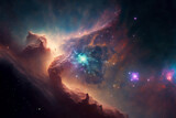 Fototapeta Kosmos - Colorful cosmos full of stars and piercing light. Background with galaxy and nebula. Cloudy clouds. Backdrop for your desktop or wallpaper. Graphic design illustration. 